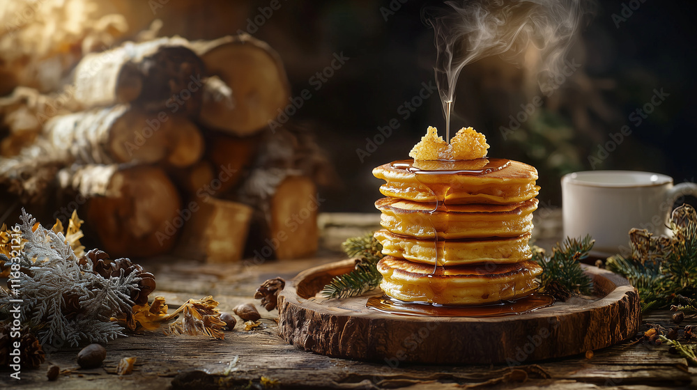 Stack of Golden Pancakes with Maple Syrup and Steaming Coffee on a Rustic Wooden Plate Stack of Golden Pancakes with Maple Syrup and Steaming Coffee on a Rustic Wooden Plate