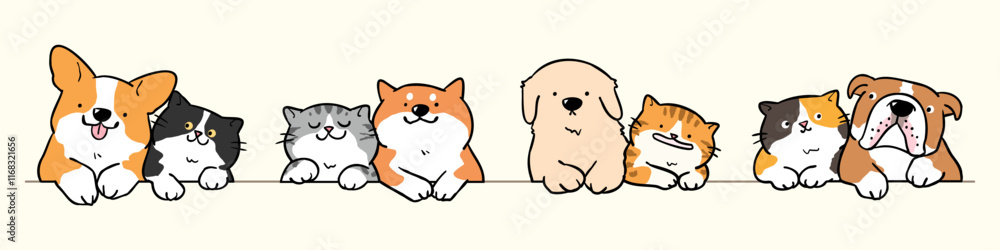 Vector Illustration of Cartoon Dog and Cat Couples on Isolated Background. Hand Drawn Vector Illustration. Vector Illustration of Cartoon Dog and Cat Couples on Isolated Background. Hand Drawn Vector Illustration.