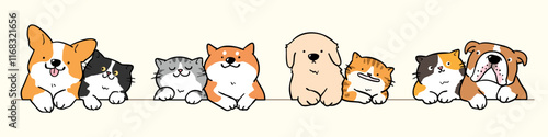 Vector Illustration of Cartoon Dog and Cat Couples on Isolated Background. Hand Drawn Vector Illustration.