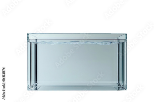 A clear mockup of a rectangular tank, potentially serving as an aquarium or terrarium, stands isolated on a white background, constructed from either glass or plexiglass and supported on a stand