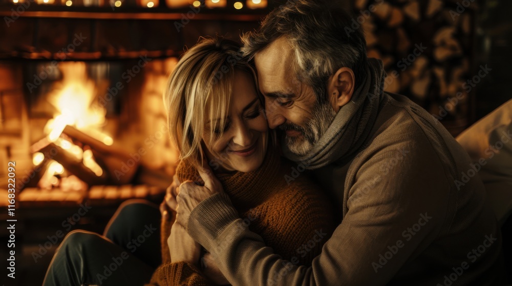 Valentine's Day, middle-aged caucasian european white happy couple, together in front of a fireplace, eyes locked, soft smiles, romantic atmosphere, cozy sweaters, love, intimate connection. Valentine's Day, middle-aged caucasian european white happy couple, together in front of a fireplace, eyes locked, soft smiles, romantic atmosphere, cozy sweaters, love, intimate connection.