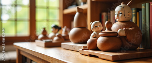 Hina ningyo figurines displayed on wooden shelf in traditional house, culture photo