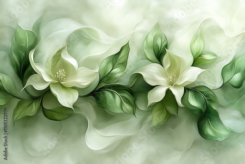 Elegant white flowers and green leaves on a soft green background.