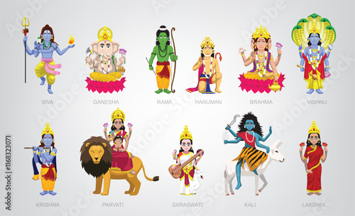 Hindu God Goddess Deity Characters Cute Cartoon Set