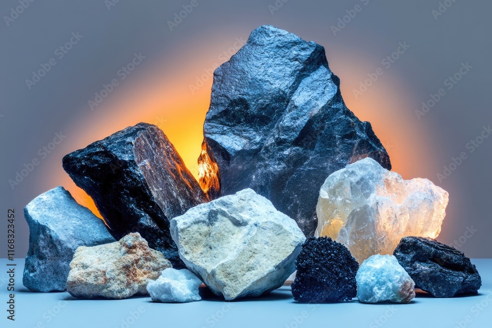 Naklejka premium A collection of various rocks and minerals illuminated by a warm light, showcasing their diverse textures and colors.