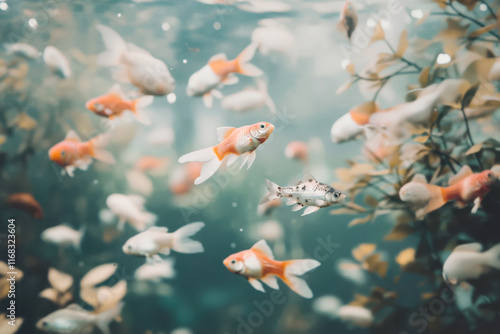 Vibrant goldfish swimming in clear aquarium with greenery photo