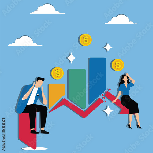 Decrease in wages or income, loss of investments, decrease in family finances, fall in the stock market, businessmen and businesswomen sitting in agony on the descending arrowhead steps