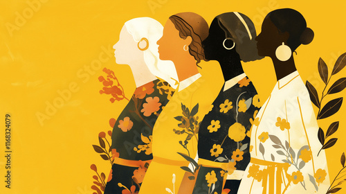 Illustration image of four women with yellow flowers symbolizing International Women's Day