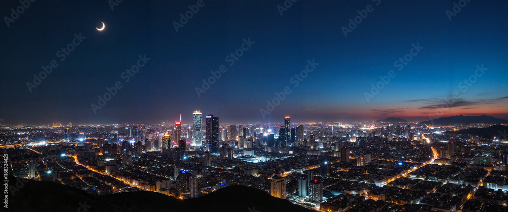 Obraz premium Bustling metropolis under crescent moon at night, Ramadan atmosphere