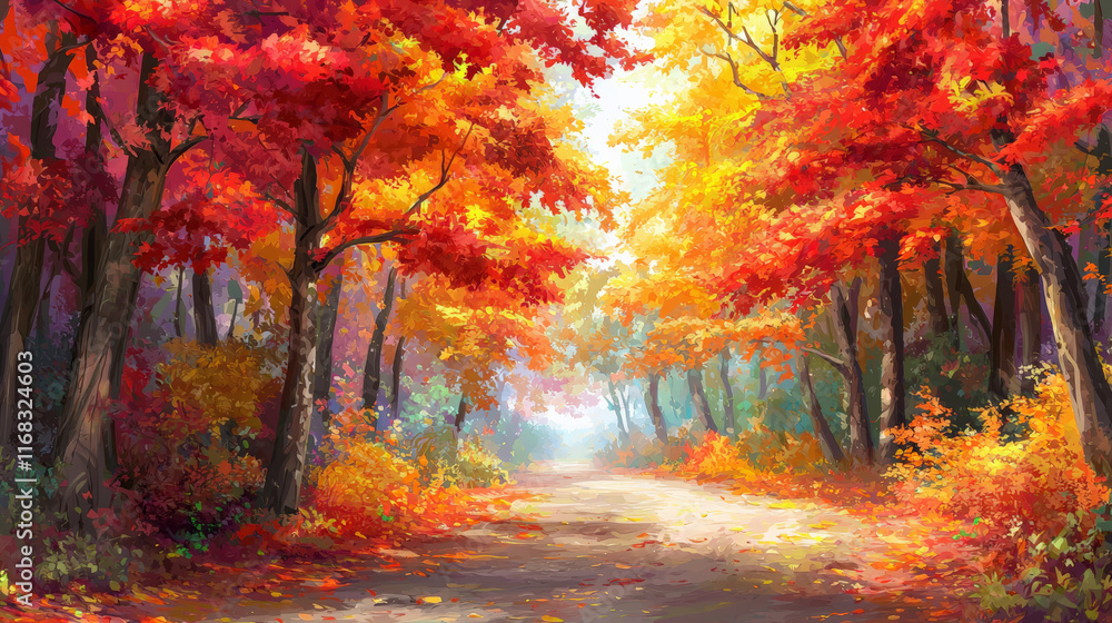 Naklejka premium vibrant autumn forest path with colorful trees and warm sunlight