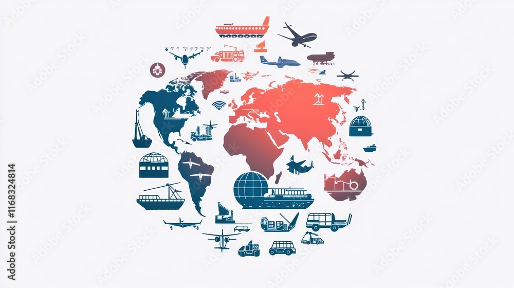 Naklejka premium There is a globe in the center, the surface of which clearly depicts a world map. The globe is surrounded by various interconnected transportation symbols