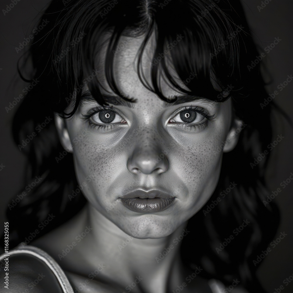 Fototapeta premium Intense gaze of young caucasian female with freckles in black and white portrait