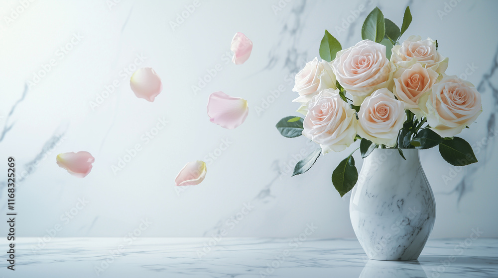 Obraz premium Romantic Moment with a Bouquet of Fresh Roses and a Falling Rose Petal on Smooth Marble