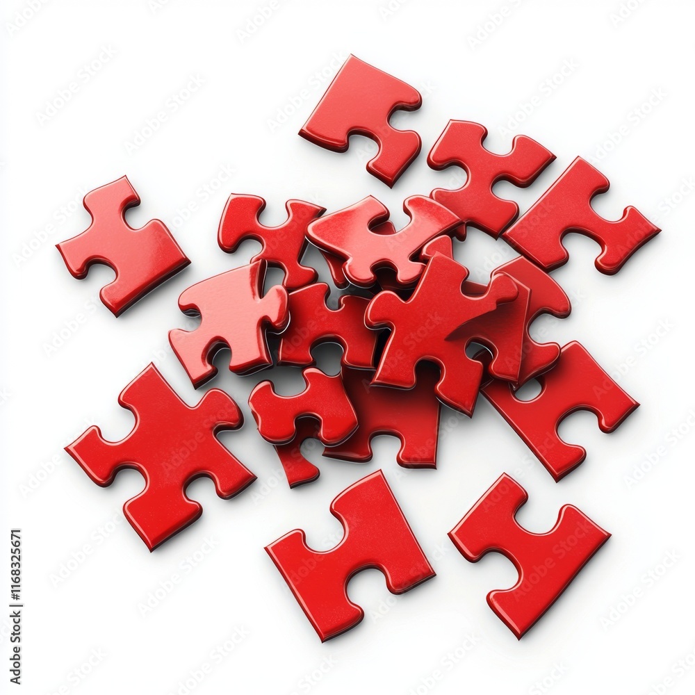 A Collection of Bright Red Puzzle Pieces Spread Randomly on a White Background for Creative Concepts and Games A Collection of Bright Red Puzzle Pieces Spread Randomly on a White Background for Creative Concepts and Games