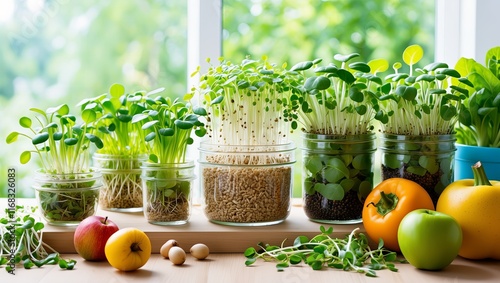 Różnorodne, żywe mikroliście w szklanych słoikach ze świeżymi warzywami na drewnianym stole, oświetlonym naturalnym światłem słonecznym.

