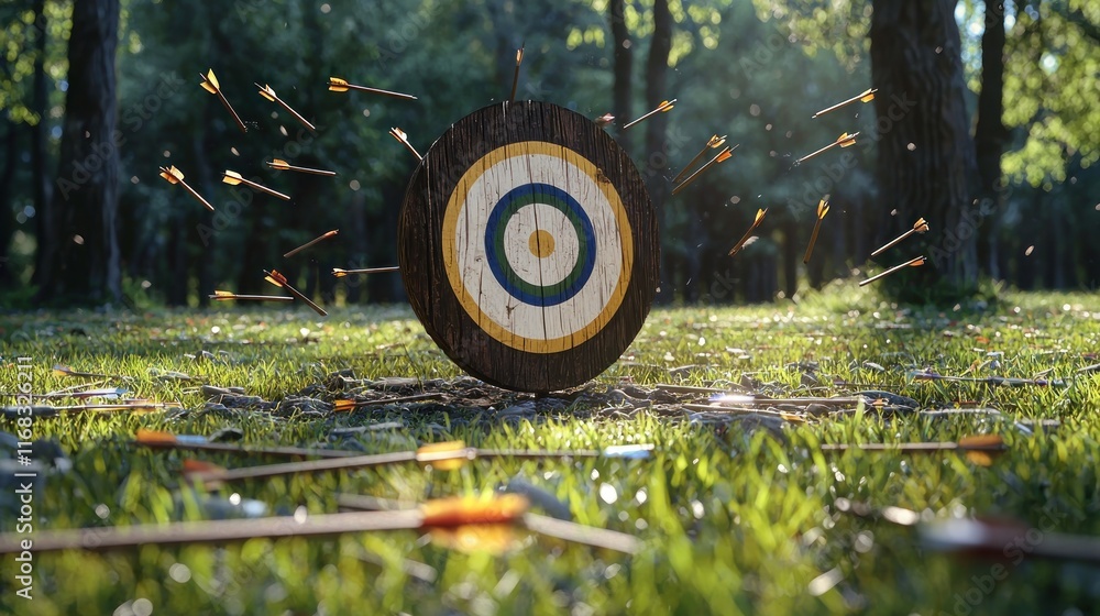 Target with arrows in a forest setting, showcasing archery practice. Target with arrows in a forest setting, showcasing archery practice.
