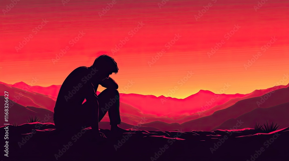 Obraz premium Solitary Figure Contemplates Sunset Over Majestic Mountains