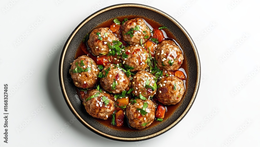 Delicious meatballs in savory sauce, garnished with sesame seeds and parsley, served in a dark bowl. Delicious meatballs in savory sauce, garnished with sesame seeds and parsley, served in a dark bowl.