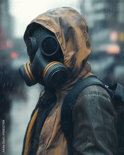 Gas Mask Rain Cityscape Portrait photo