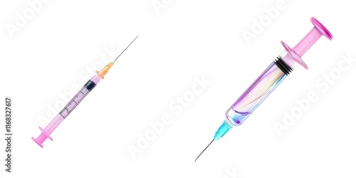 Medical tools surgical concept. Two colorful syringes on a white background, showcasing precision instruments used in medical and cosmetic procedures.