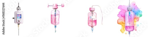 Medical tools surgical concept. A collection of modern, colorful IV infusion devices showcasing advanced medical technology and vibrant designs for healthcare.