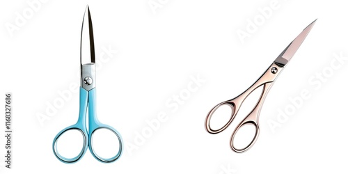 Medical tools surgical concept. A pair of elegant scissors showcasing a blue handle and a sleek rose gold design, perfect for crafts and professional use.