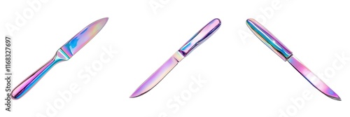 Medical tools surgical concept. A set of stylish knives featuring vibrant, rainbow-colored blades ideal for modern kitchens and culinary art.