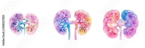 Medical tools surgical concept. Colorful illustrations of human kidneys showcasing their unique structure and function in a vibrant, artistic representation.
