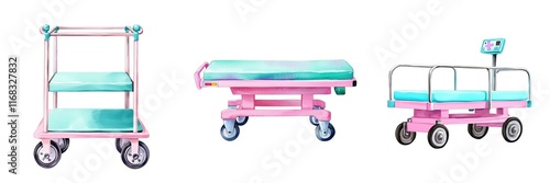 Medical tools surgical concept. Colorful medical carts and stretchers designed for healthcare settings, showcasing functionality and modern design.