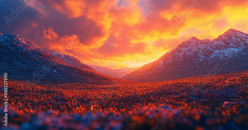 Enchanting Sunset Over Vibrant Fields and Serene Mountain Ranges