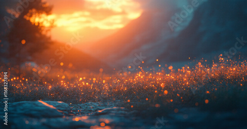 Enchanting Sunset Over Vibrant Fields and Serene Mountain Ranges