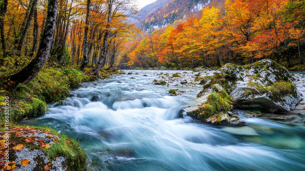 Serene autumn landscape with river and colorful trees reflecting nature beauty Serene autumn landscape with river and colorful trees reflecting nature beauty