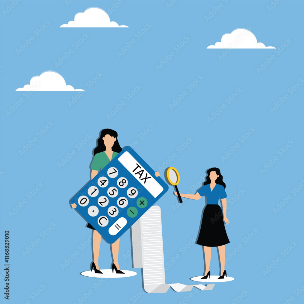Tax reviews, personal income tax, income calculations and statistics, tax payment reminders, businesswomen standing around calculators with tax bills and magnifying glasses Tax reviews, personal income tax, income calculations and statistics, tax payment reminders, businesswomen standing around calculators with tax bills and magnifying glasses