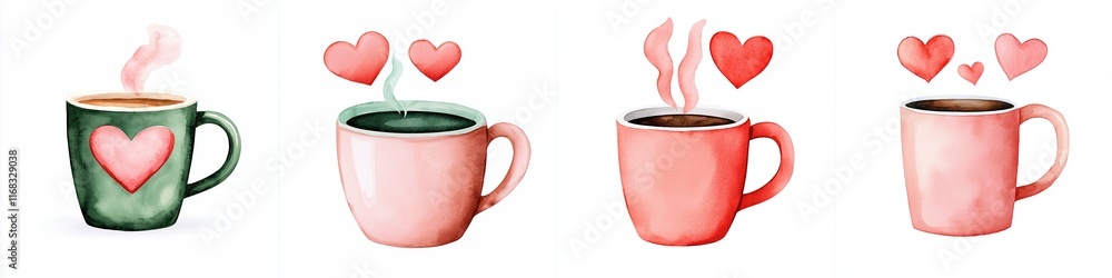 Valentine emotion concept. Four colorful cups with hearts and steam, symbolizing love and warmth. Valentine emotion concept. Four colorful cups with hearts and steam, symbolizing love and warmth.