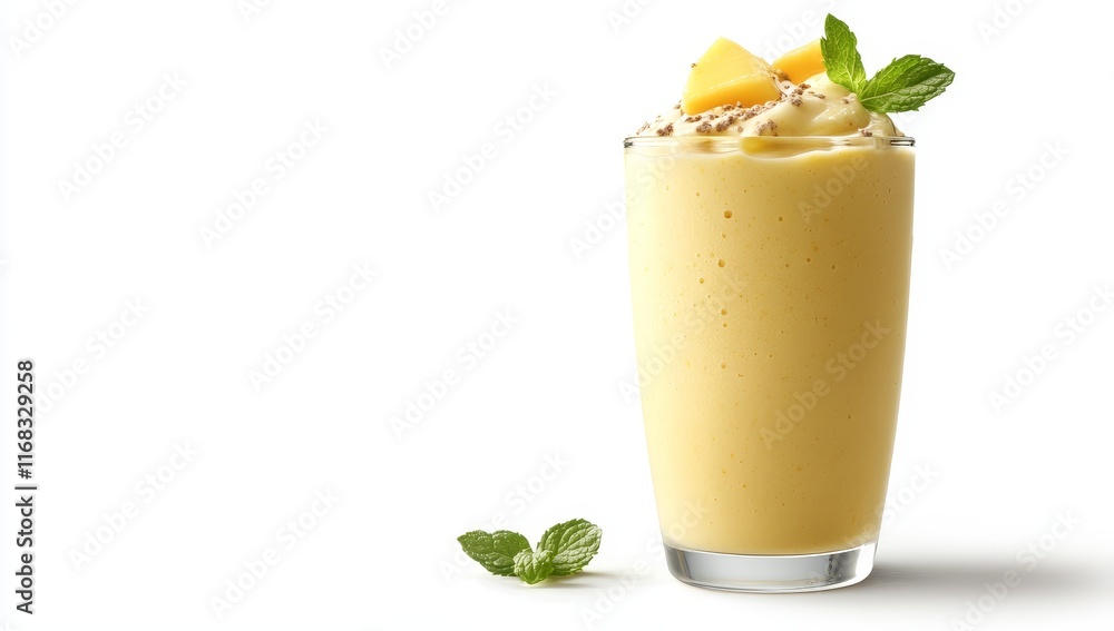 Creamy mango smoothie in glass with mint. Creamy mango smoothie in glass with mint.