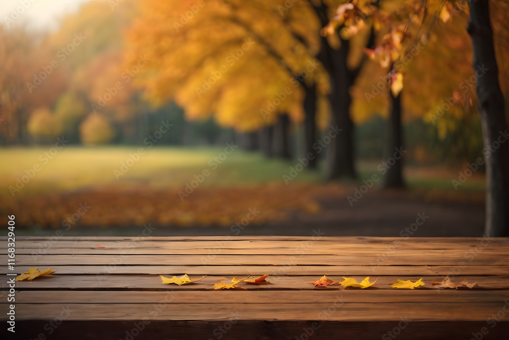 Falling maple leaf's on the empty wooden table top in autumn with blur background Falling maple leaf's on the empty wooden table top in autumn with blur background
