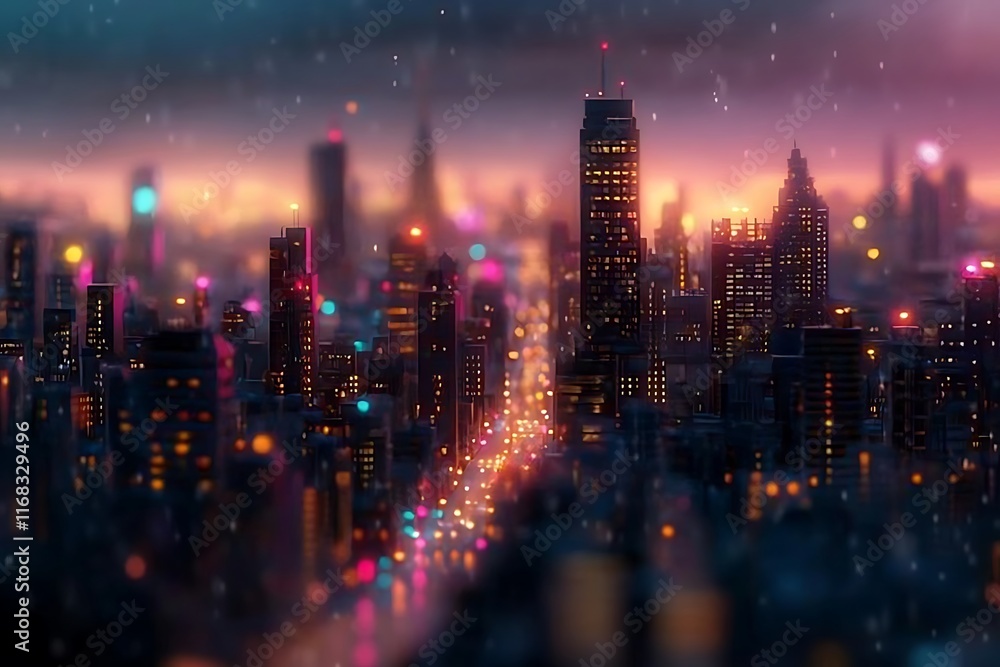 Obraz premium panoramic urban city with illuminated skyscrapers and smart pathways