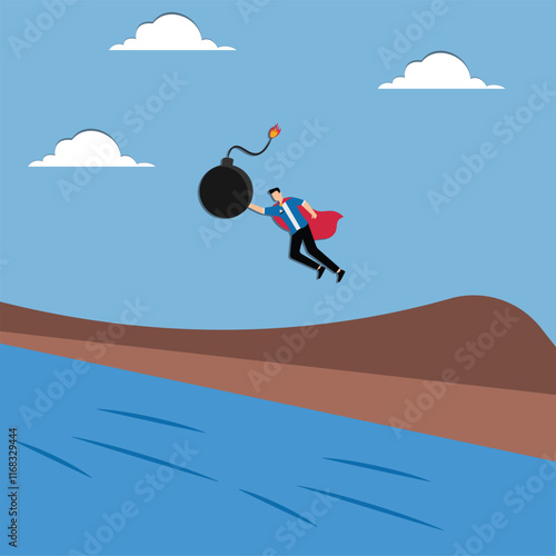 Away from risks and crises, avoiding risks, avoiding mistakes, mistakes, super businessmen bravely pushing risk bombs away from the crowd