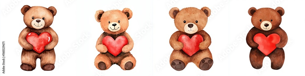 Fototapeta premium Valentine emotion concept. Adorable teddy bears holding hearts in a row.