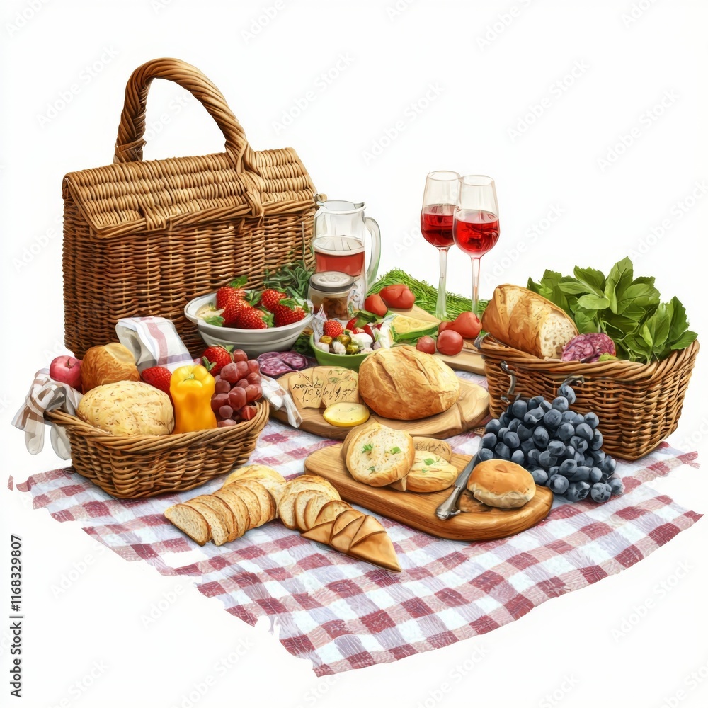 Picnic Basket with Fresh Foods and Beverages on Checkered Blanket Surrounded by Fruits and Vegetables Picnic Basket with Fresh Foods and Beverages on Checkered Blanket Surrounded by Fruits and Vegetables
