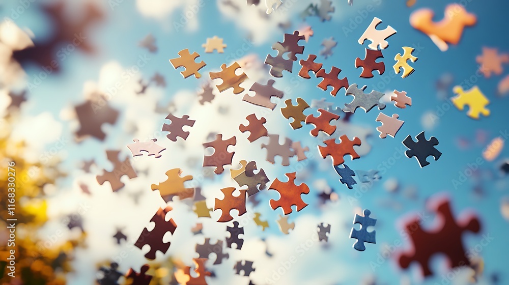 Colorful puzzle pieces floating in the sky. Colorful puzzle pieces floating in the sky.