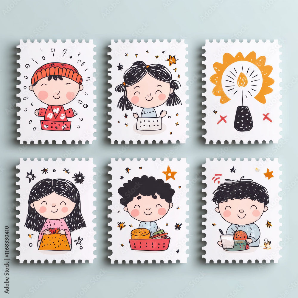 Cute illustrated stamps featuring children celebrating New Year with joy Cute illustrated stamps featuring children celebrating New Year with joy