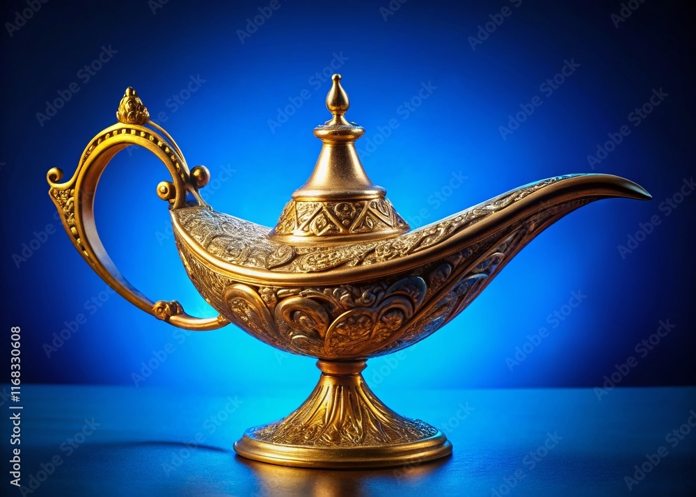 Fototapeta premium Antique Golden Magic Lamp on Vibrant Blue Background - High-Resolution Stock Photo