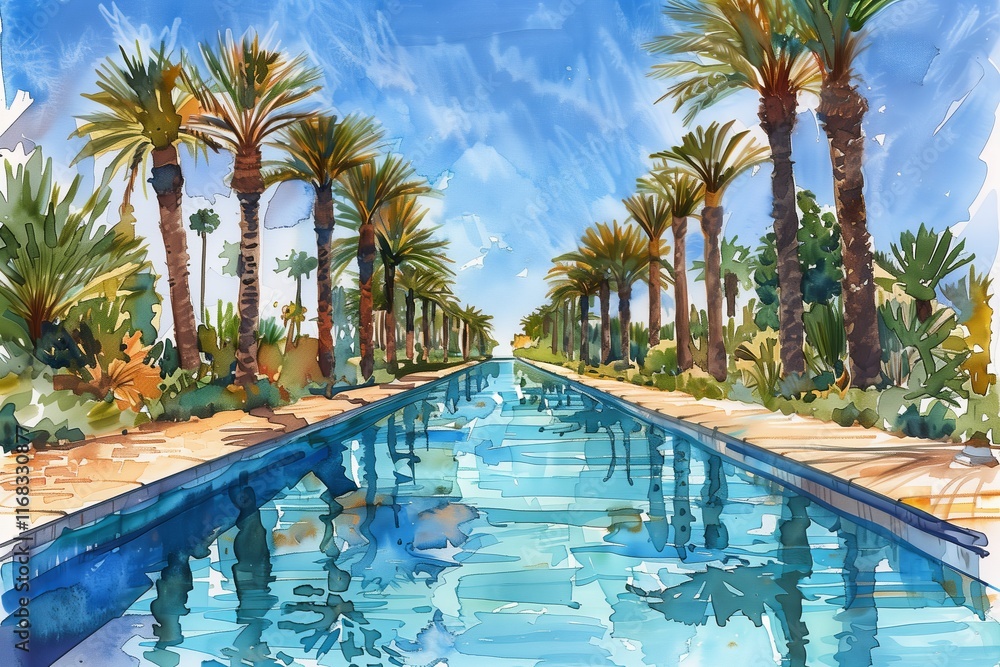 Fototapeta premium A serene watercolor painting featuring palm trees beside a tranquil pool and a bright blue sky.