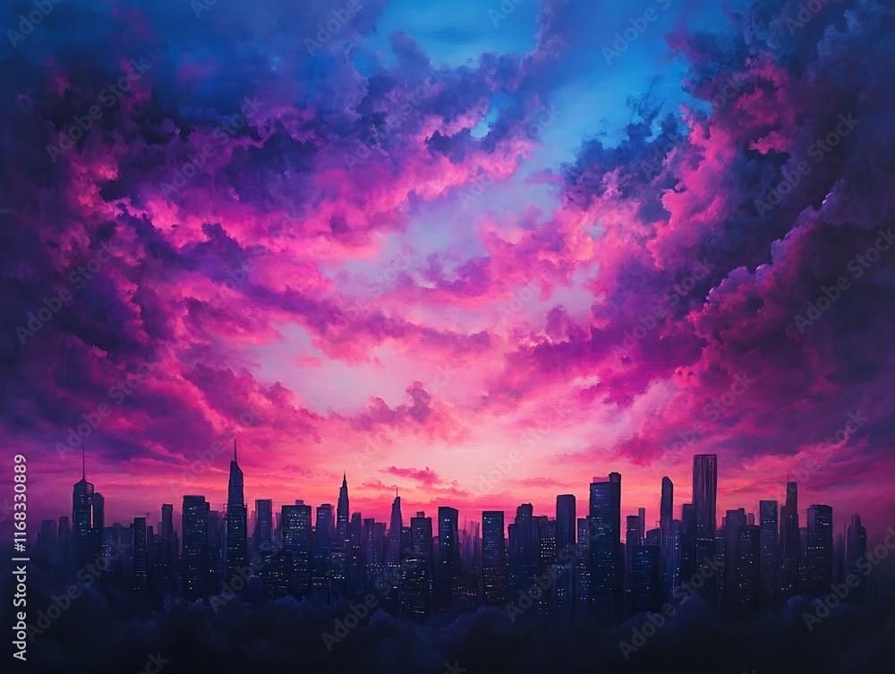 Fototapeta premium urban glow cityscape in a panoramic view under a neon-lit sky 