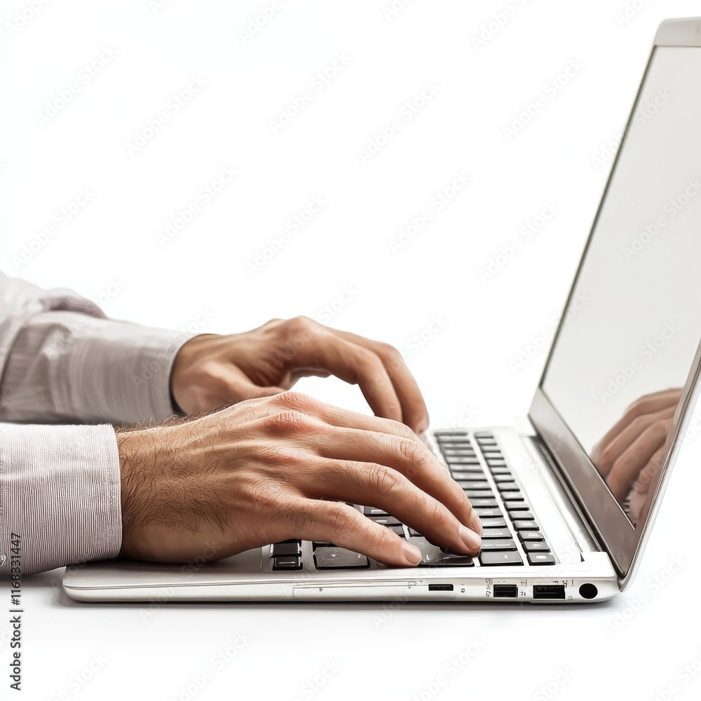 Close-Up View of Male Hands Typing on a Modern Laptop Keyboard on a White Background