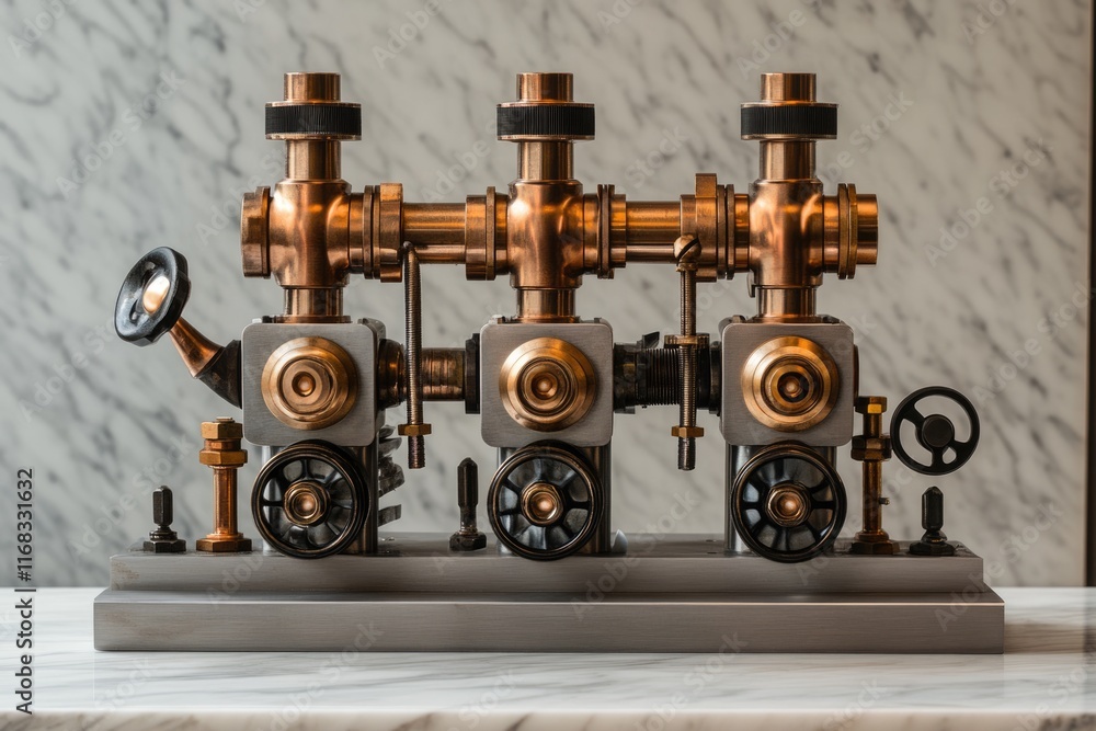 Intricate steampunk-style machine, crafted from copper and metal, with gears and valves. Intricate steampunk-style machine, crafted from copper and metal, with gears and valves.