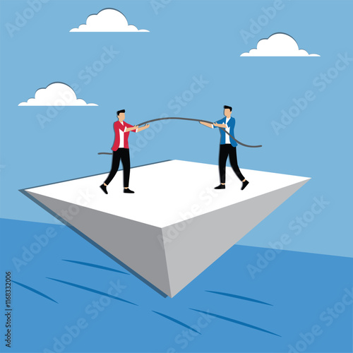 Conflict, business or professional rivalry, office politics, unbalanced and unstable political or business relationships, tug-of-war between two businessmen on an unsteady triangular surface