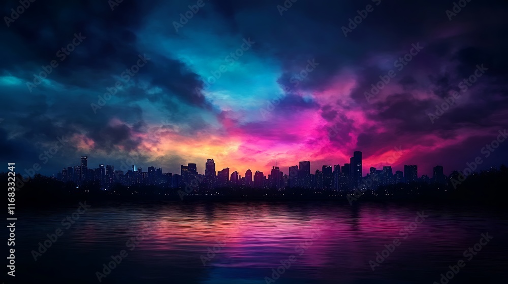 cityscape silhouette glowing under a vibrant sunrise with digital overlays cityscape silhouette glowing under a vibrant sunrise with digital overlays