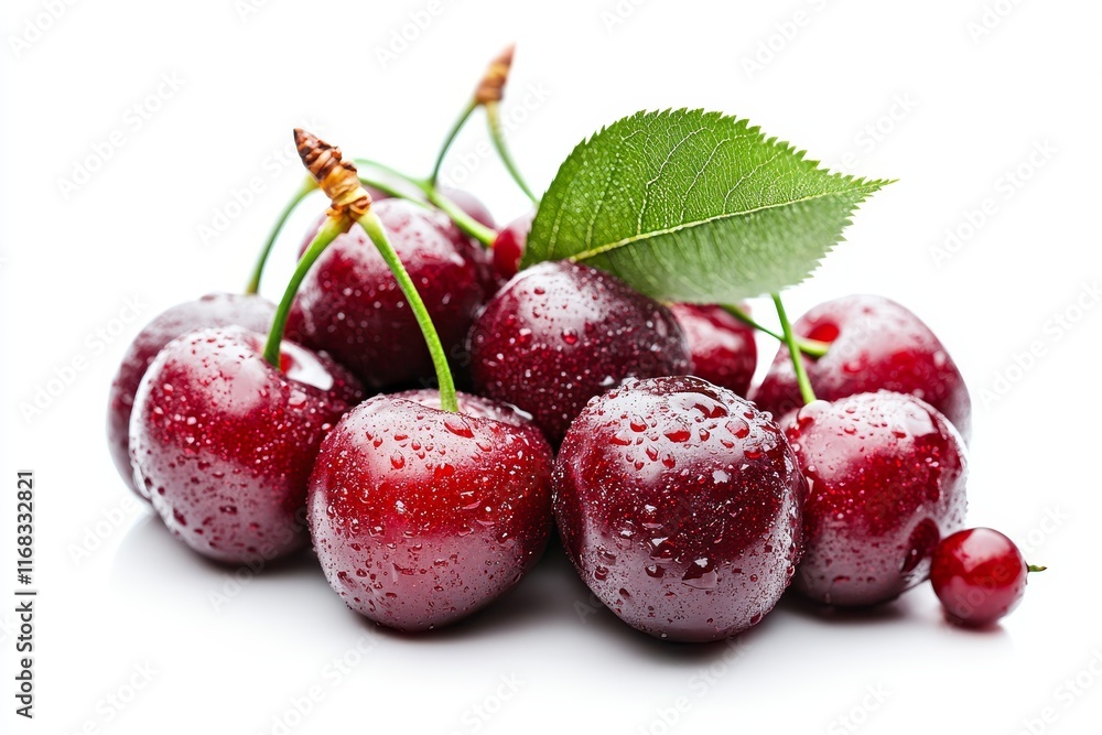 Fresh, ripe cherries with water droplets and leaf.